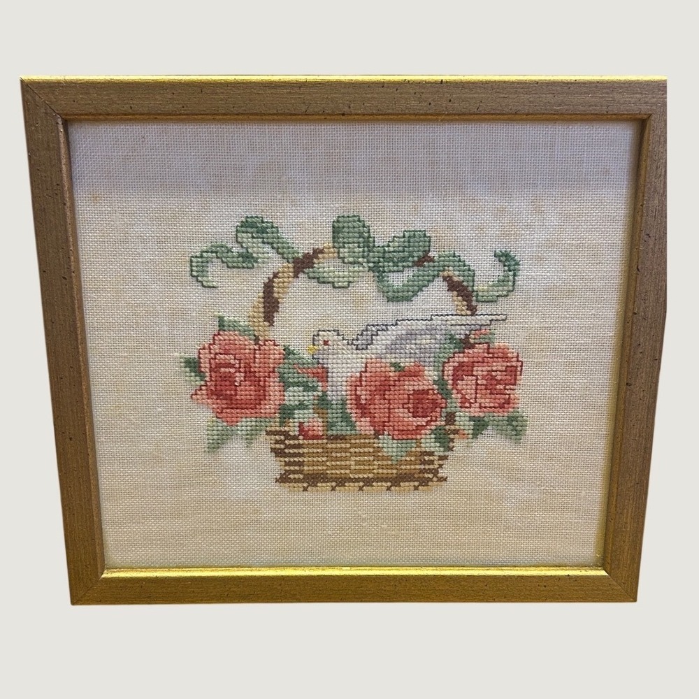Handmade Needlepoint Wall Art 8x7 Floral Dove bird Vintage cottagecore farmhouse